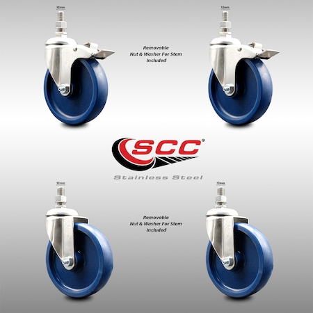 Service Caster 5 Inch 316SS Solid Polyurethane 12mm Threaded Stem Caster Lock Brake, 2PK SCC-SS316TSTTL20S514-SPUS-M1215-2-S2